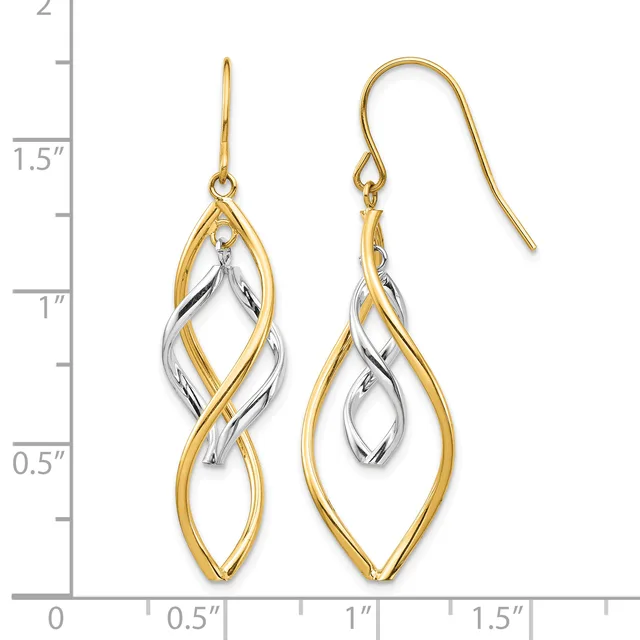 Two-tone gold and silver drop earrings with interlocking teardrop shapes, shown on a measurement scale indicating approximately 1.5 inches in length.