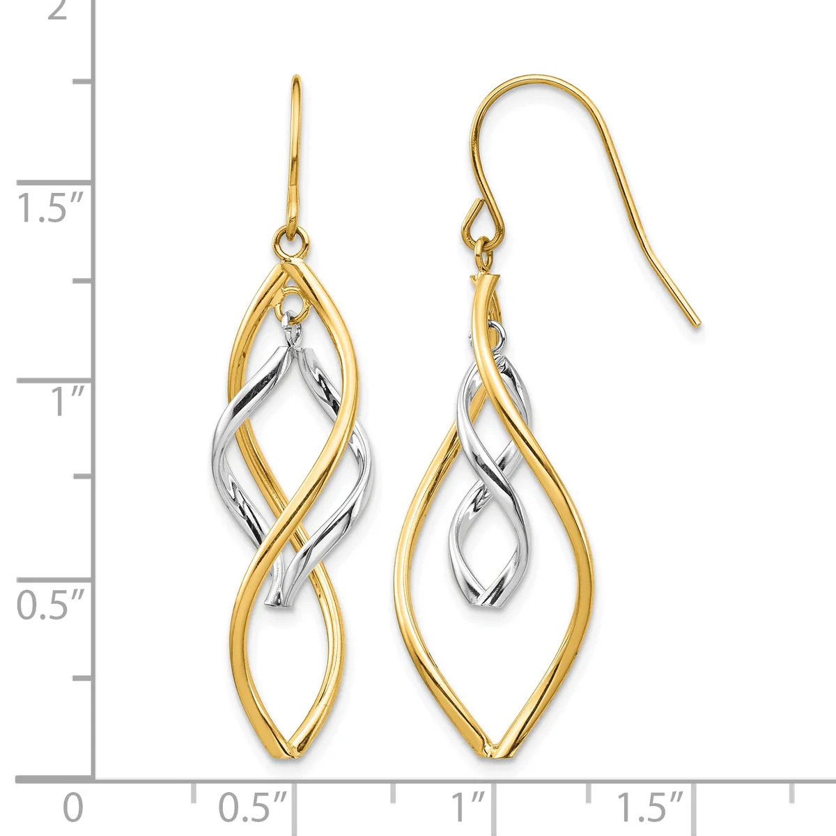 Two-tone gold and silver drop earrings with interlocking teardrop shapes, shown on a measurement scale indicating approximately 1.5 inches in length.