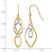 Two-tone gold and silver drop earrings with interlocking teardrop shapes, shown on a measurement scale indicating approximately 1.5 inches in length.
