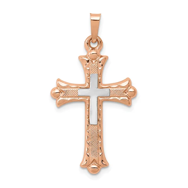 Rose gold cross pendant with white gold center and ornate floral details on the arms, displayed against a white background.