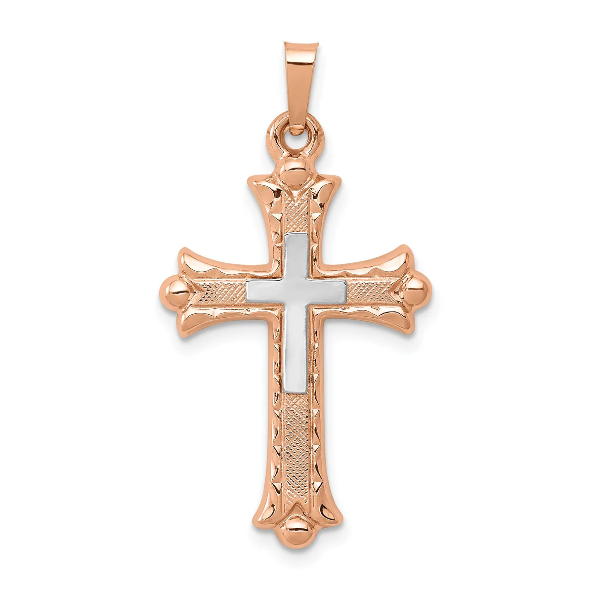 Rose gold cross pendant with white gold center and ornate floral details on the arms, displayed against a white background.