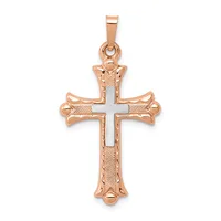 Rose gold cross pendant with white gold center and ornate floral details on the arms, displayed against a white background.