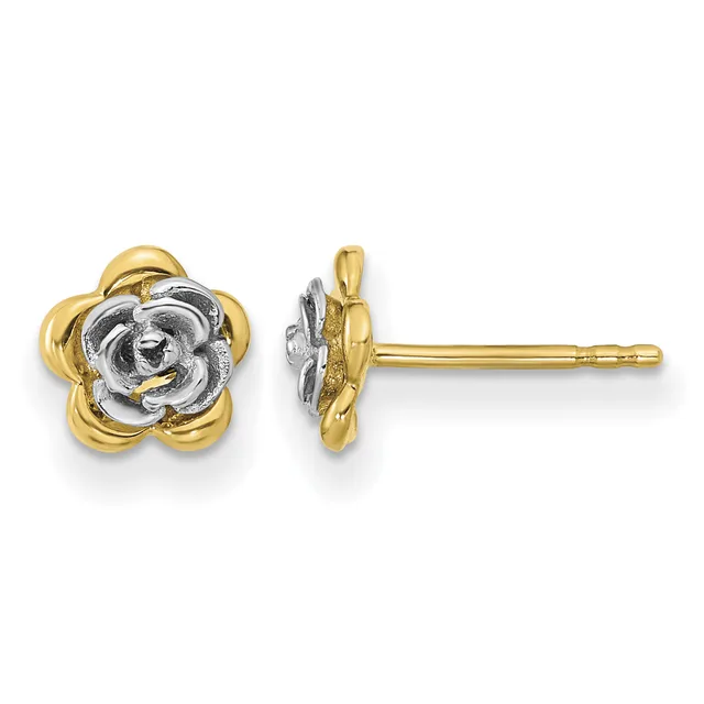 A pair of two-tone gold stud earrings featuring flower-shaped designs with yellow gold petals and white gold centers, shown from front and side views.
