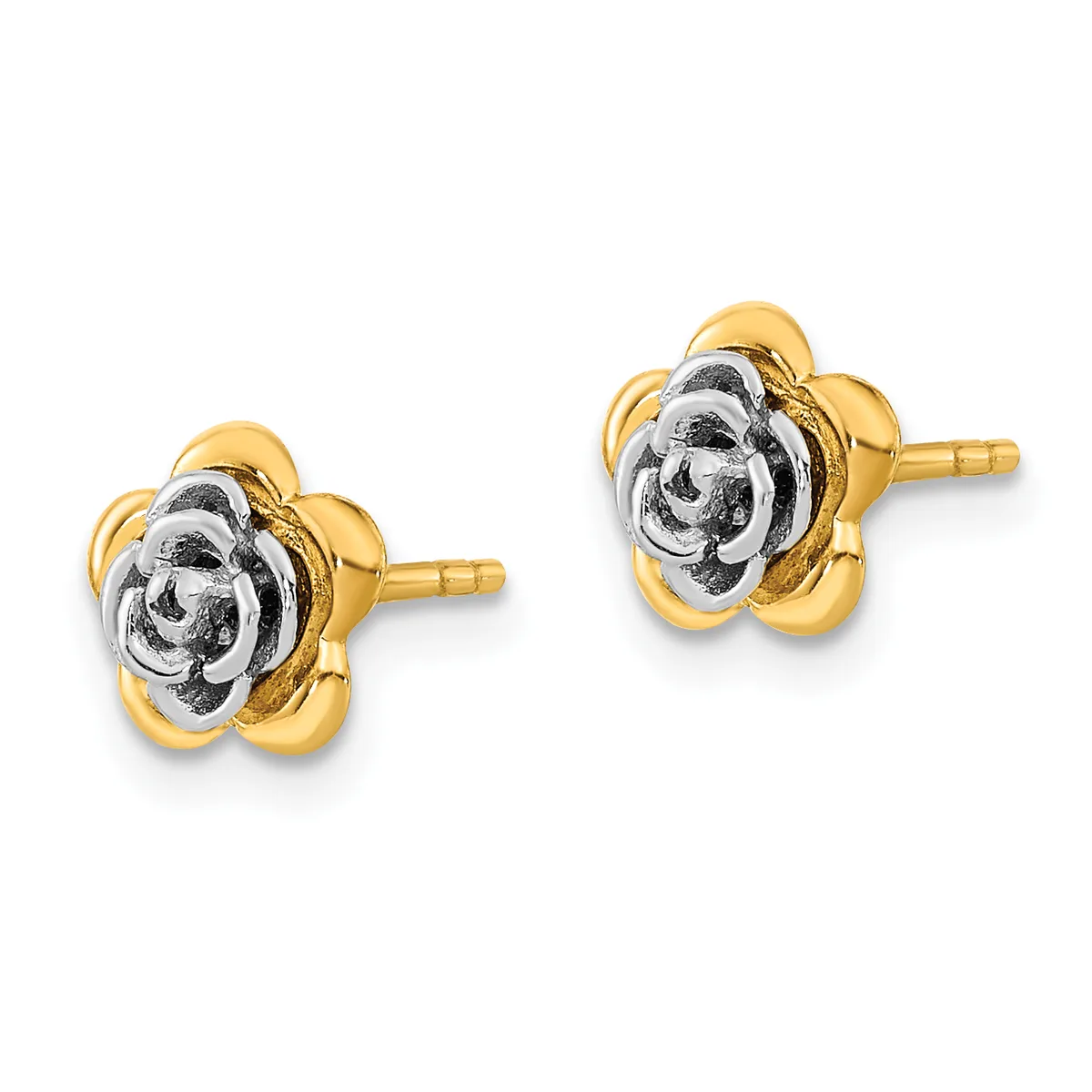 A pair of two-tone gold stud earrings featuring flower-shaped designs with textured centers and smooth petals, shown from the front against a white background.