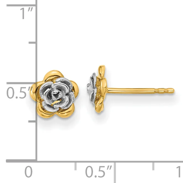 Two-tone rose-shaped stud earrings with yellow gold petals and white gold centers, shown front and side view against a measurement scale.