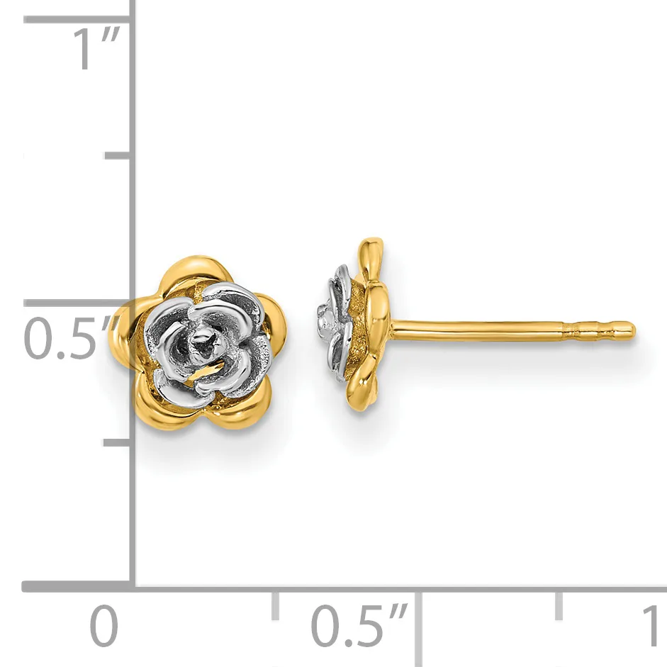 Two-tone rose-shaped stud earrings with yellow gold petals and white gold centers, shown front and side view against a measurement scale.