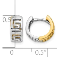 Two-tone huggie earrings with textured gold accents on white metal, shown front and side view with measurement scale.