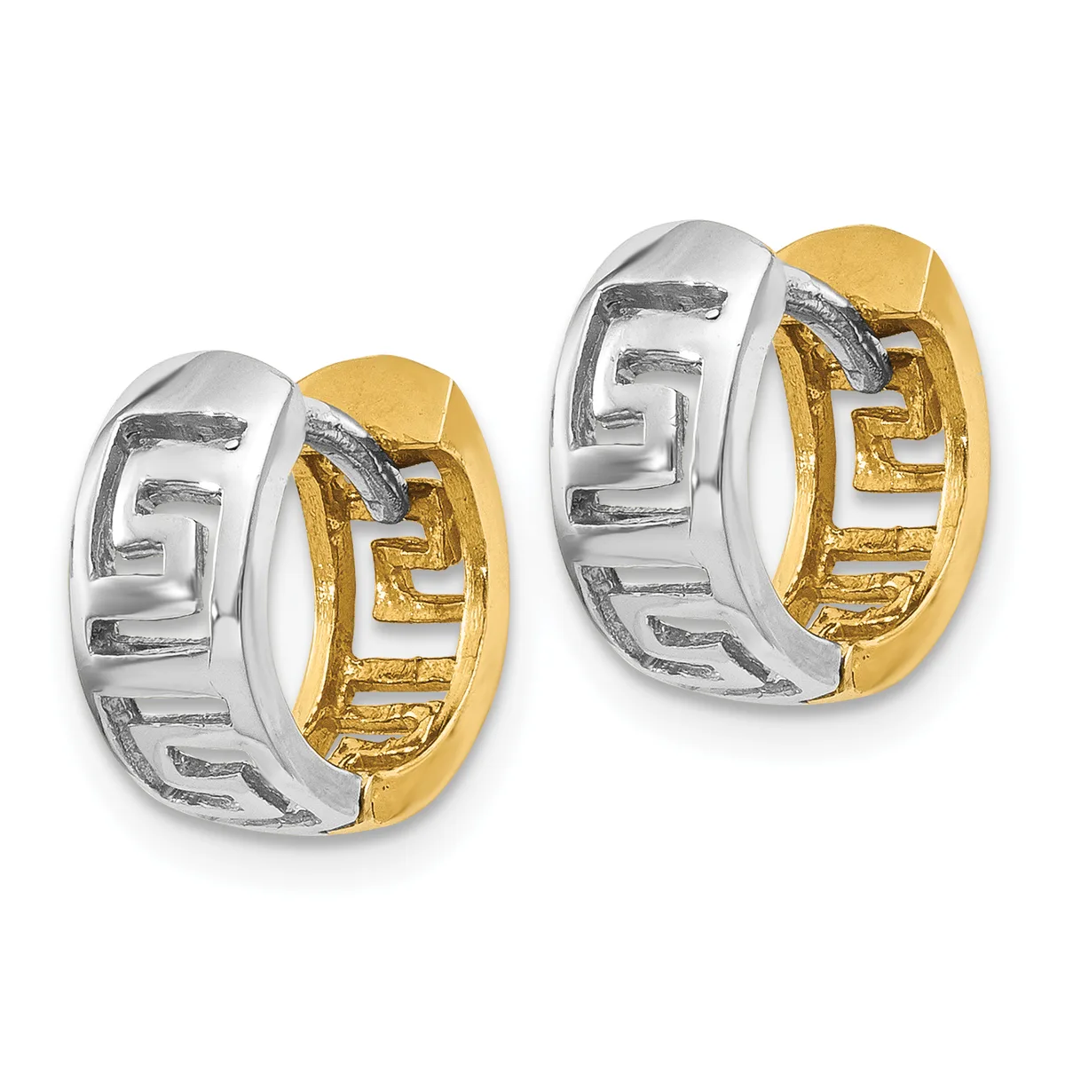 A pair of two-tone hoop earrings featuring a Greek key pattern, with silver outer sections and gold inner sections, shown from the front.