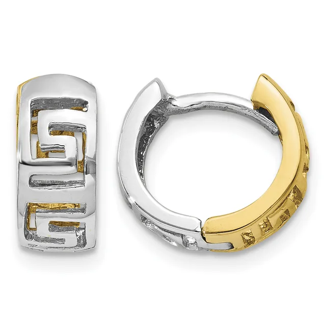 Two-tone hoop earrings in silver and gold with geometric rectangular cutout design, shown from front and side views.
