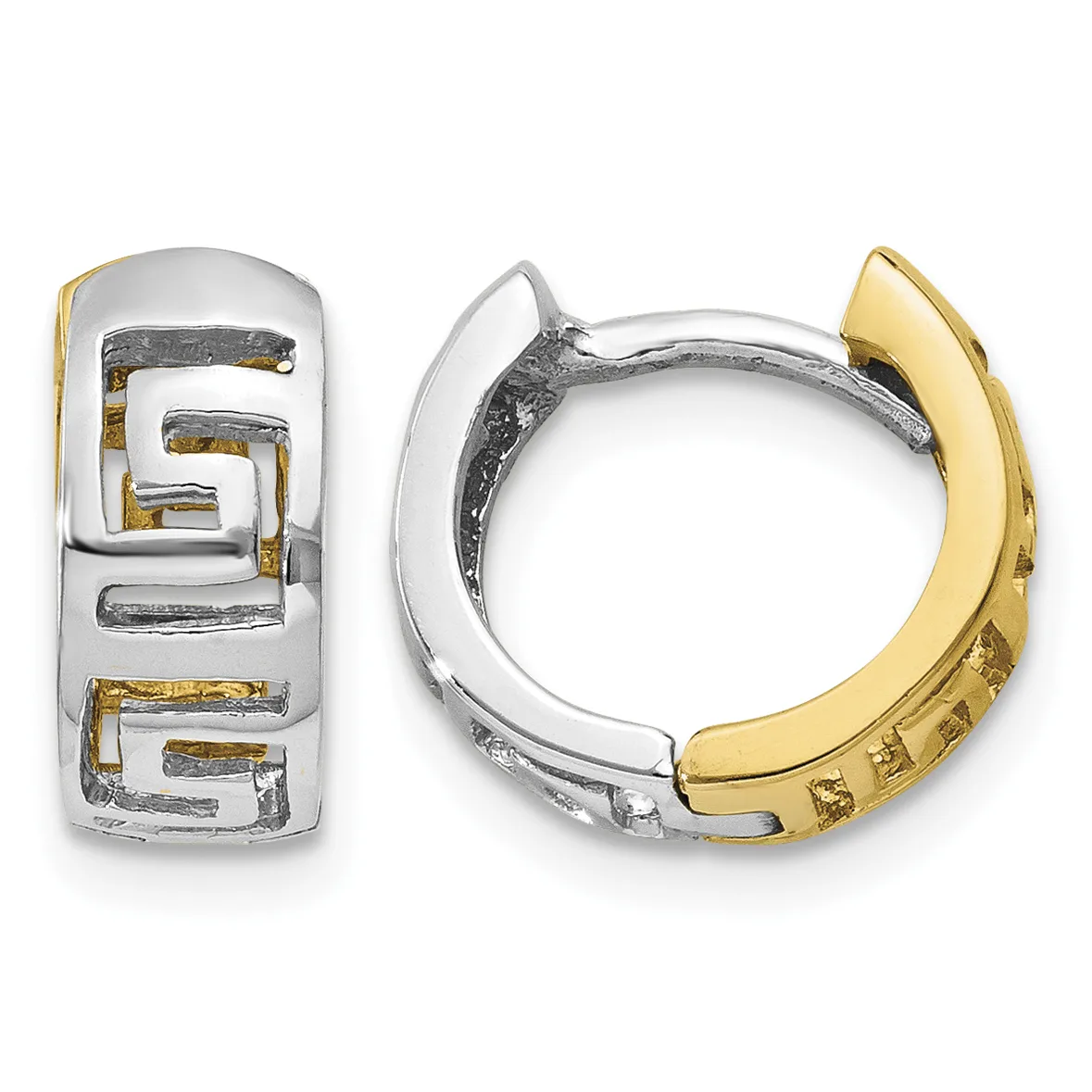 Two-tone hoop earrings in silver and gold with geometric rectangular cutout design, shown from front and side views.