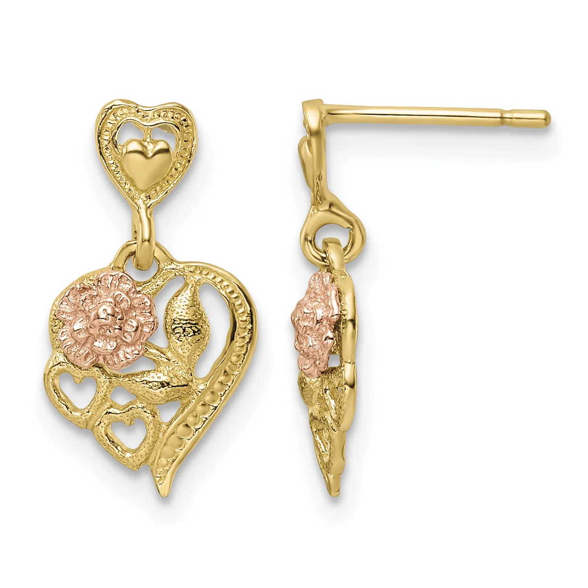 Pair of gold dangle earrings with heart-shaped posts featuring rose gold flowers and decorative heart cutouts throughout the design.