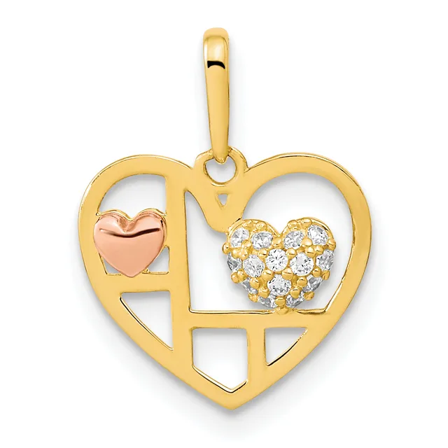 Gold heart-shaped pendant with cutout sections, featuring a small rose gold heart on the left and a gold heart paved with diamonds on the right, suspended from a gold bail.