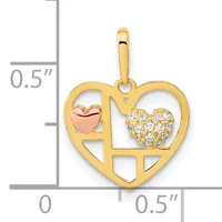 Gold heart-shaped pendant with cutout design featuring a rose gold small heart on the left and a gold heart set with cubic zirconia stones on the right, shown against a measurement scale.
