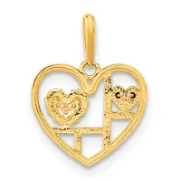 Gold heart-shaped pendant with decorative textured hearts and a bail loop at the top, shown against a white background.