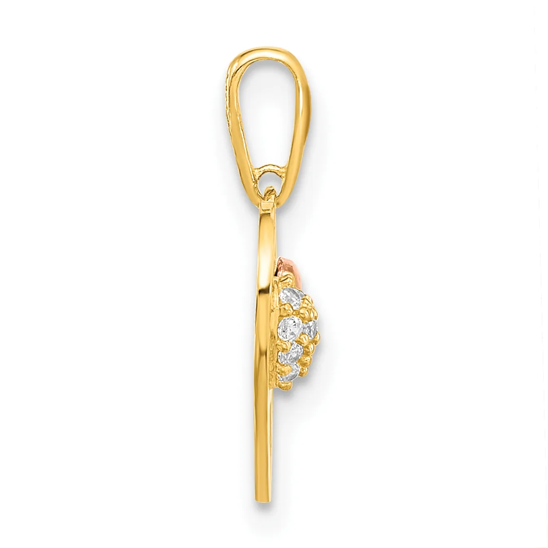 Gold pendant with a bail attachment at the top and a small cluster of round diamonds set on the lower portion of the hanging charm.