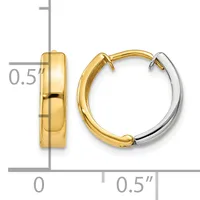 Two-tone gold and silver hoop earrings with a polished finish, shown with a measurement scale indicating approximately 0.5 inches in diameter.