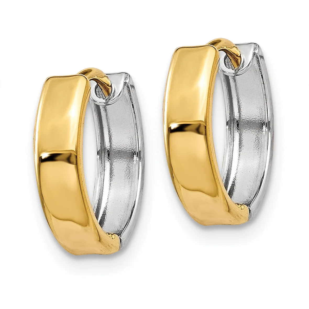 A pair of chunky gold and silver two-tone hoop earrings with polished curved bands and post closures.