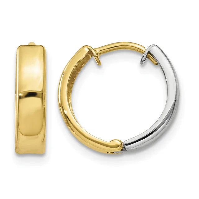 Two-tone gold and silver hoop earrings with a polished finish, shown from front and side views.