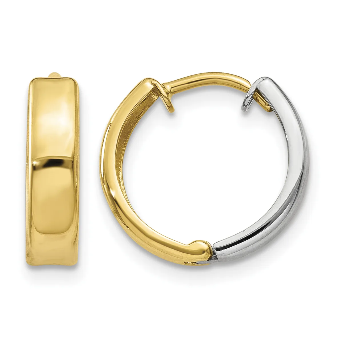 Two-tone gold and silver hoop earrings with a polished finish, shown from front and side views.