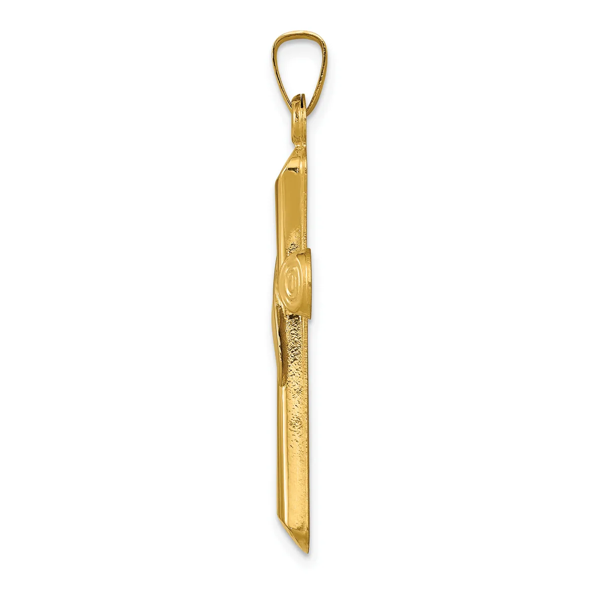 A long, narrow gold-colored pendant with a textured surface and a loop at the top for hanging.