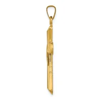 A long, narrow gold-colored pendant with a textured surface and a loop at the top for hanging.