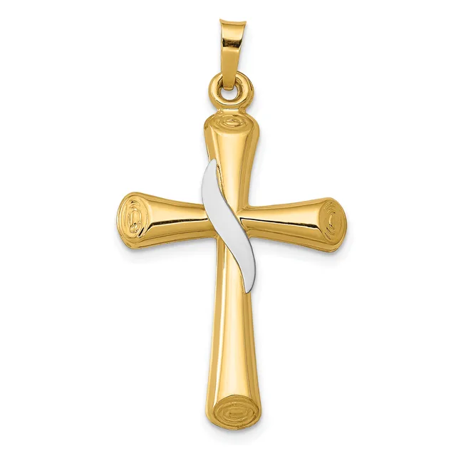 A gold cross pendant with a white gold or silver curved accent band wrapped around the intersection point, suspended from a gold bail.
