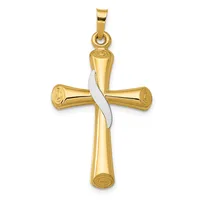 A gold cross pendant with a white gold or silver curved accent band wrapped around the intersection point, suspended from a gold bail.