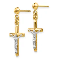 A pair of gold crucifix earrings with two-tone finish, featuring white metal corpus details and chain links from ball studs.