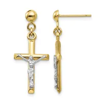 Two-tone gold crucifix dangle earrings with white rhodium-plated Jesus figure on gold cross, shown from front and side views.
