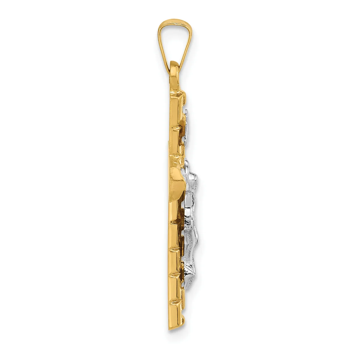 A two-tone gold pendant charm featuring a flute design with textured silver-colored details, suspended from a gold loop bail.