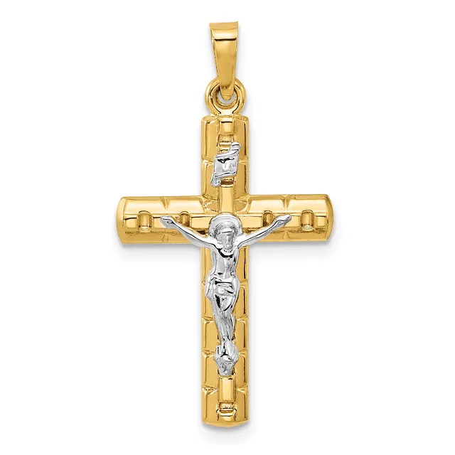A two-tone gold crucifix pendant with a polished yellow gold cross and a white gold corpus figure, featuring a small loop bail at the top.