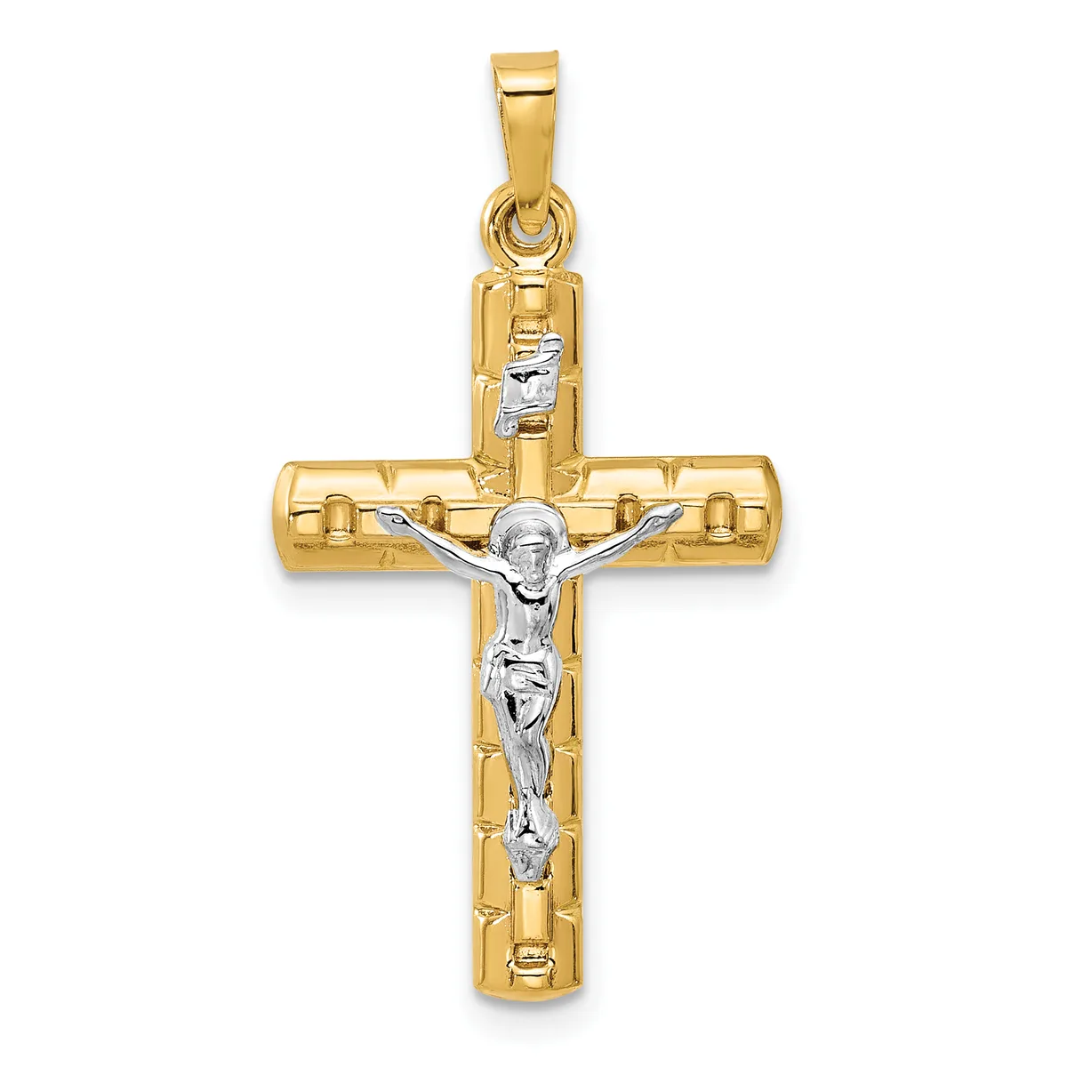 A two-tone gold crucifix pendant with a polished yellow gold cross and a white gold corpus figure, featuring a small loop bail at the top.