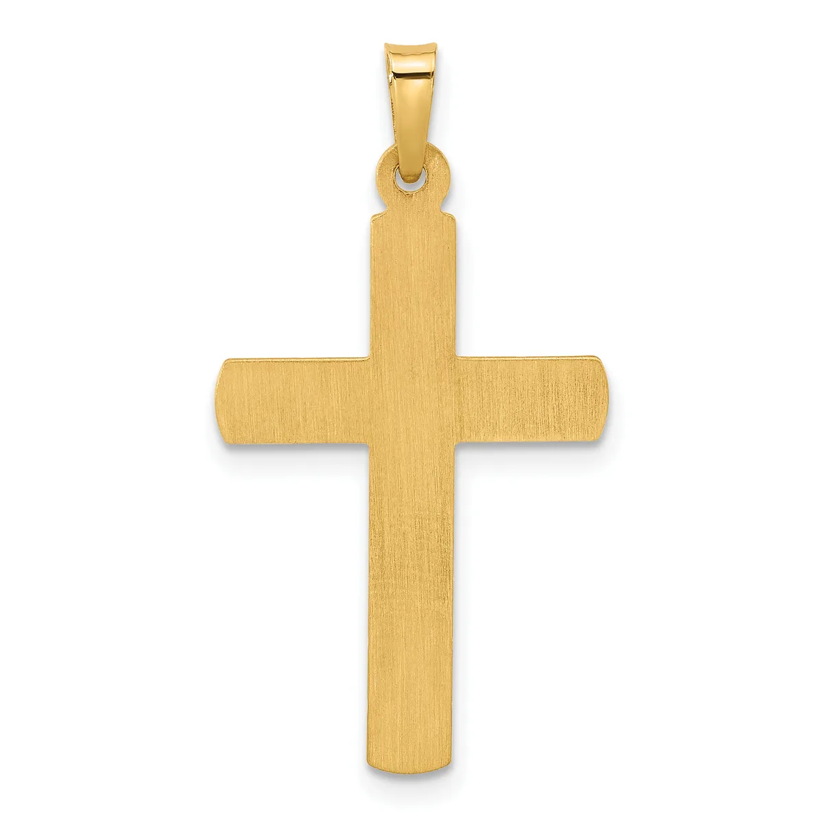 A gold cross pendant with a brushed finish and a polished bail loop at the top, shown against a white background.