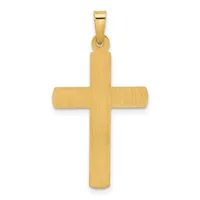 A gold cross pendant with a brushed finish and a polished bail loop at the top, shown against a white background.