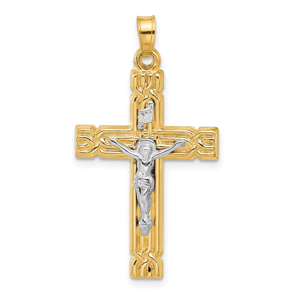 A two-tone gold crucifix pendant with ornate decorative borders on the arms and a silver-toned corpus figure, suspended from a gold bail.