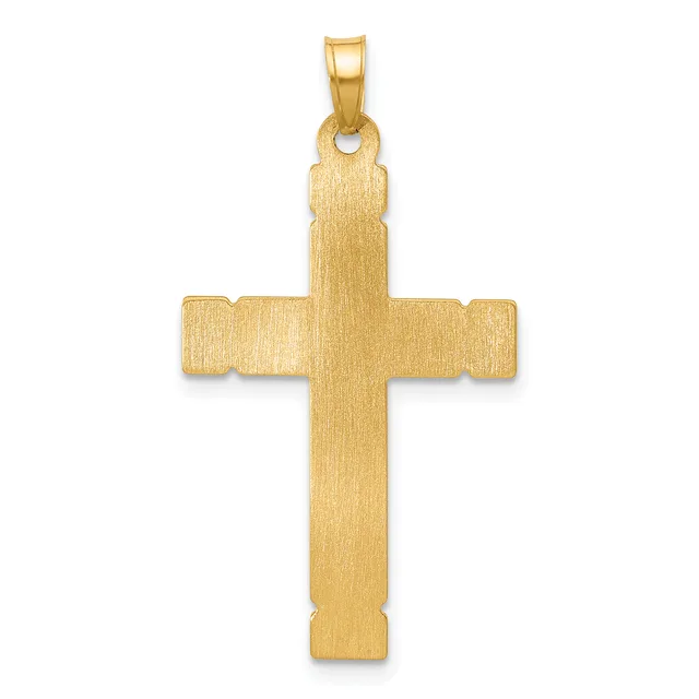 A polished gold cross pendant with a brushed matte finish and a small bail loop at the top for hanging on a chain.