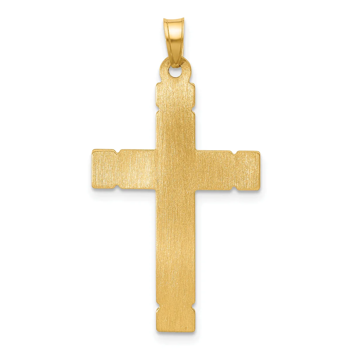 A polished gold cross pendant with a brushed matte finish and a small bail loop at the top for hanging on a chain.