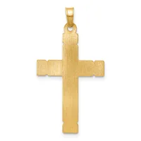 A polished gold cross pendant with a brushed matte finish and a small bail loop at the top for hanging on a chain.