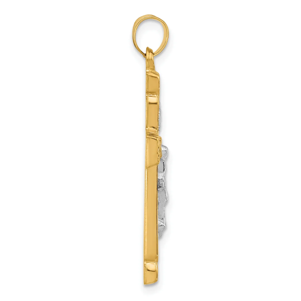 A long rectangular gold pendant with segmented sections and a small diamond or gemstone accent on the side, suspended from a gold loop.