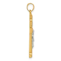 A long rectangular gold pendant with segmented sections and a small diamond or gemstone accent on the side, suspended from a gold loop.