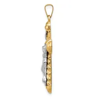 Gold and silver two-tone charm pendant with ornate scrollwork design and a loop bail at the top, shown against a white background.