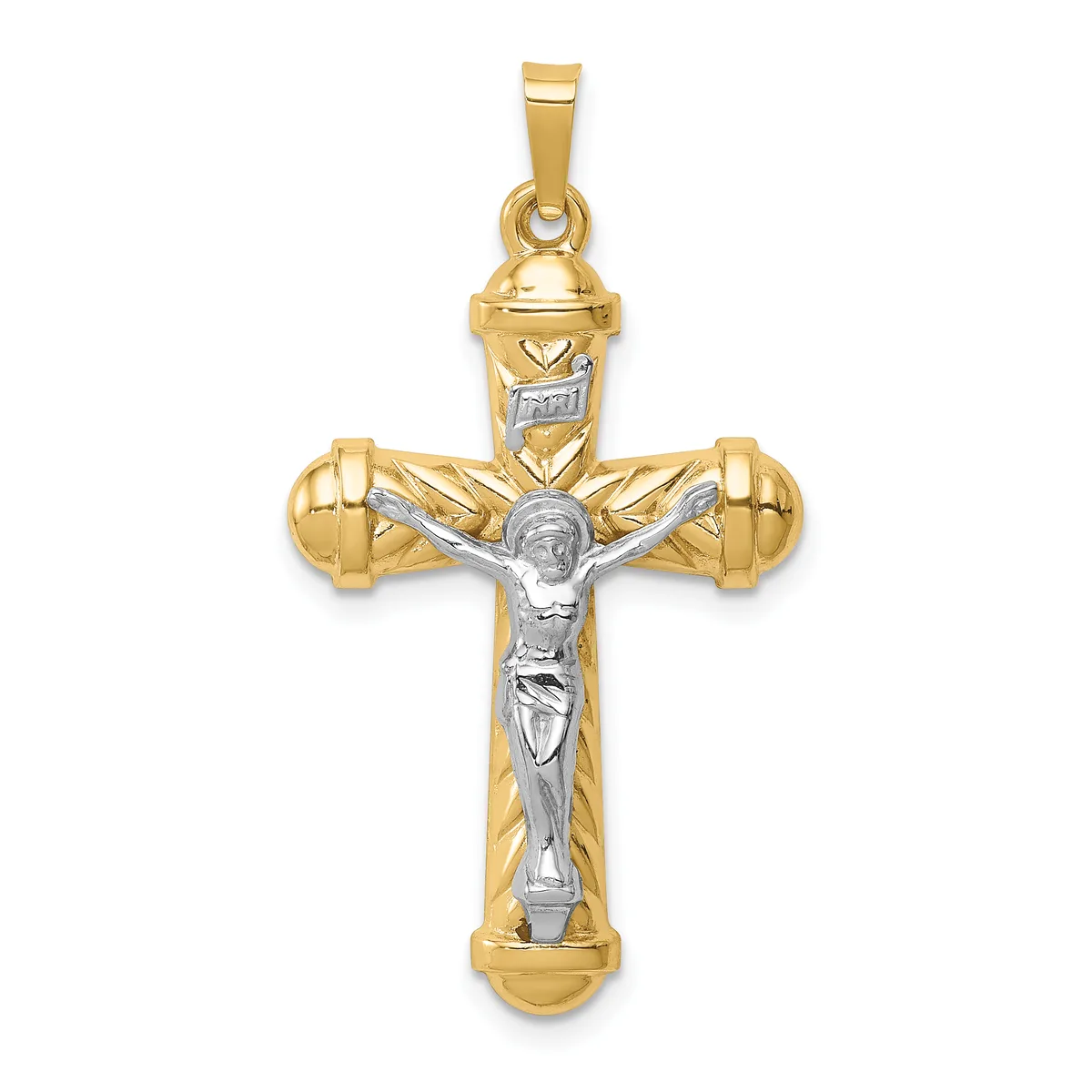 Two-tone gold crucifix pendant with white gold corpus figure and decorative elements on the arms and top.