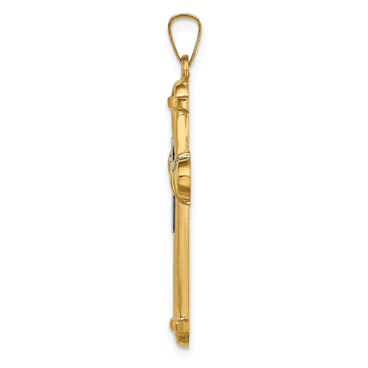 A gold-colored vertical pendant with a loop at the top, featuring an oval centerpiece with a small hallmark stamp visible on the side.