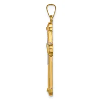 A gold-colored vertical pendant with a loop at the top, featuring an oval centerpiece with a small hallmark stamp visible on the side.