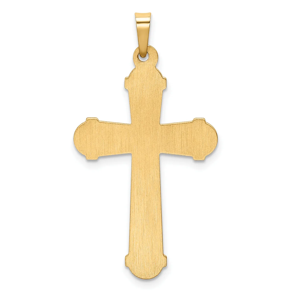 A gold cross pendant with rounded ends and a brushed finish, shown suspended from a bale against a white background.