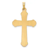 A gold cross pendant with rounded ends and a brushed finish, shown suspended from a bale against a white background.