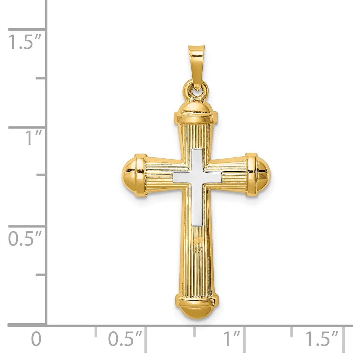 Gold-toned cross pendant with textured sides and smooth white center, featuring rounded ball details at the ends of the arms, displayed against a measurement scale.