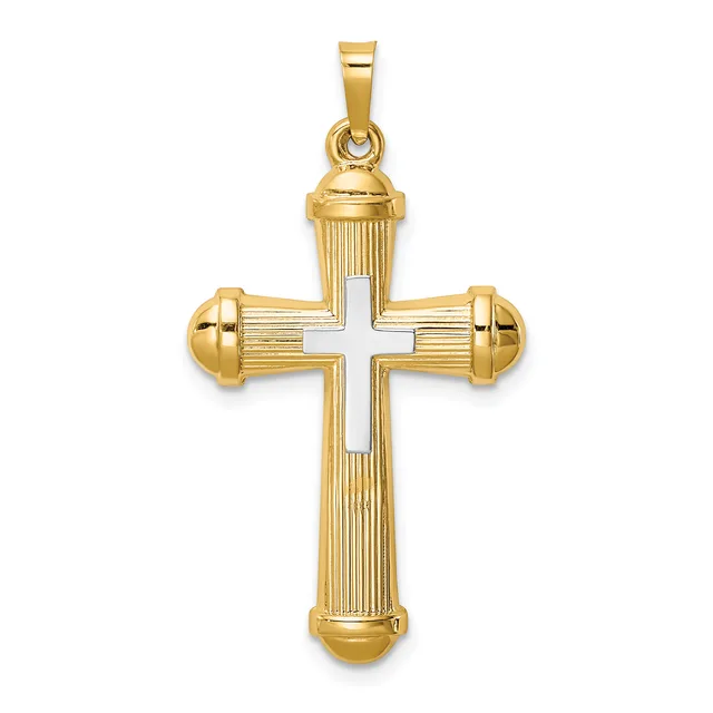 A gold cross pendant with vertical and horizontal ribbed texture, white enamel center, and rounded ball finials at each end, shown hanging from a bail against a white background.