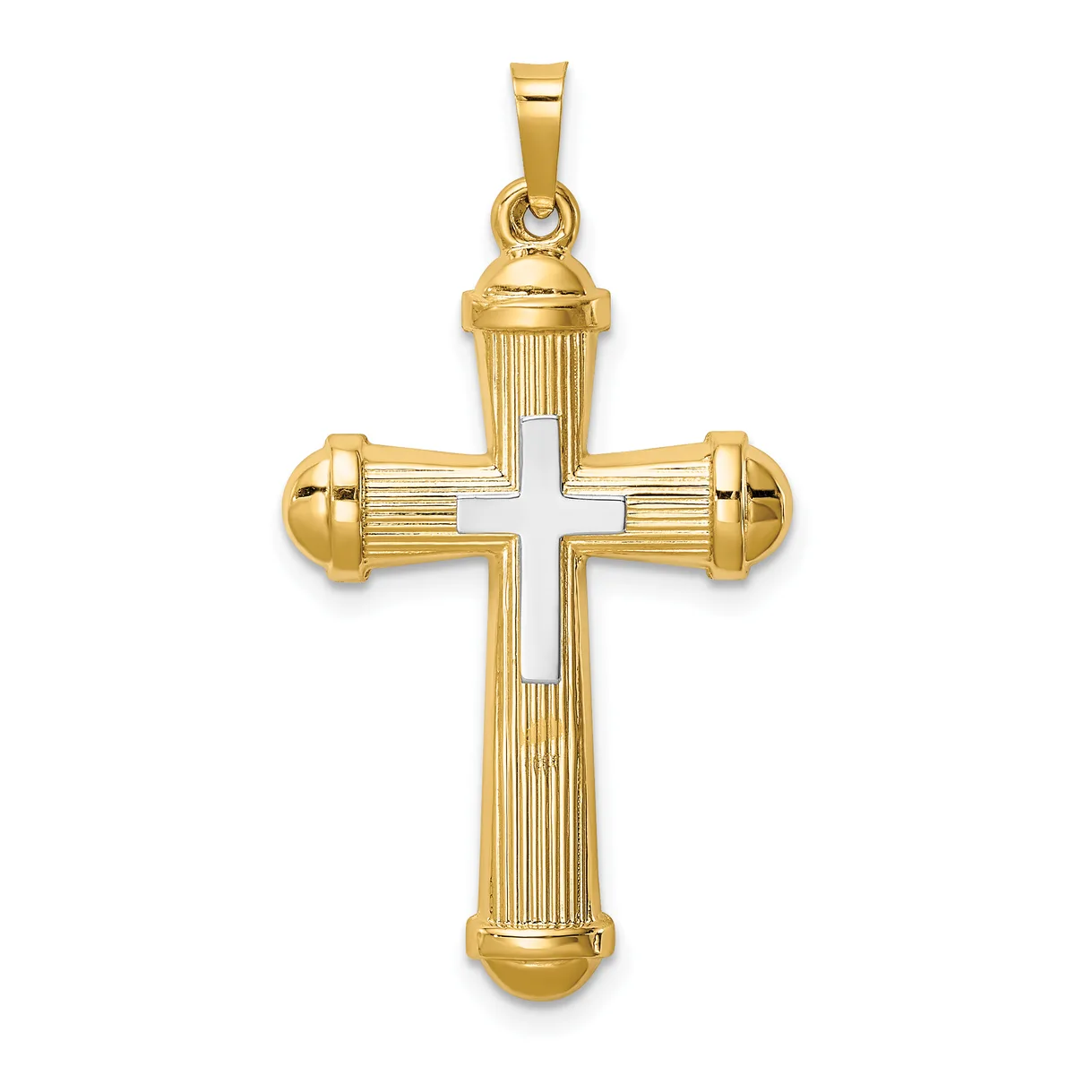A gold cross pendant with vertical and horizontal ribbed texture, white enamel center, and rounded ball finials at each end, shown hanging from a bail against a white background.