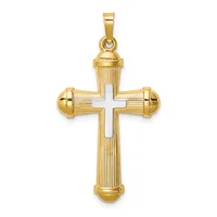 A gold cross pendant with vertical and horizontal ribbed texture, white enamel center, and rounded ball finials at each end, shown hanging from a bail against a white background.